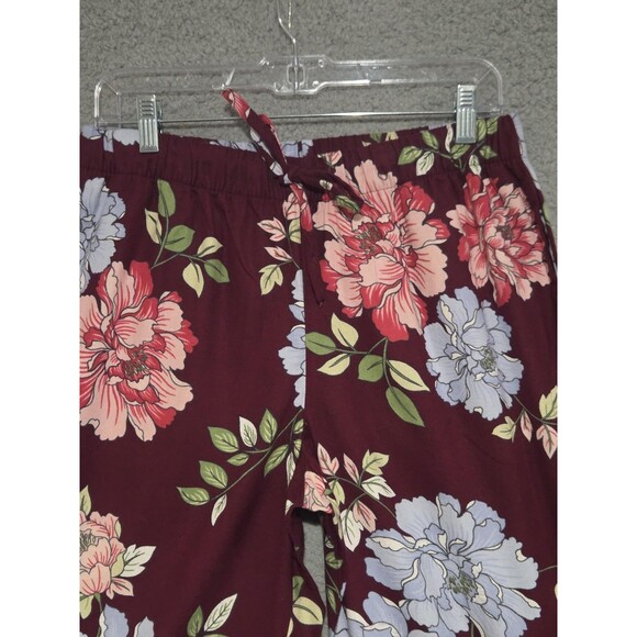 Liz Claiborne Cotton Pajama Set Womens M Burgundy Floral Button Front Warm LS - Picture 10 of 13